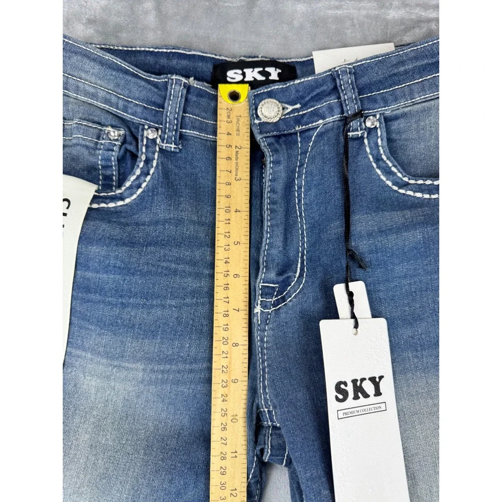 New Women 11/12 Flare Blue Denim Embellished jeans embroidered Bootcut wide leg - Picture 9 of 10